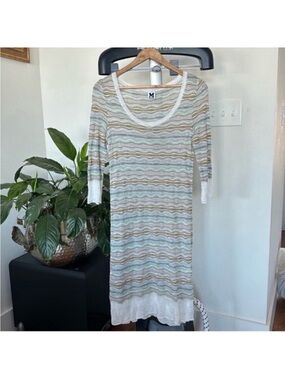 Missoni Knit Summer midi Dress Sz 6/M White Blue Scoop Neck long Sleeve